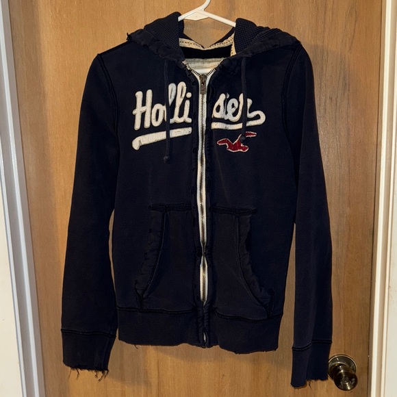 Hollister Tops - Hollister Heavy Distressed Dark Blue Zip-Up Hoodie